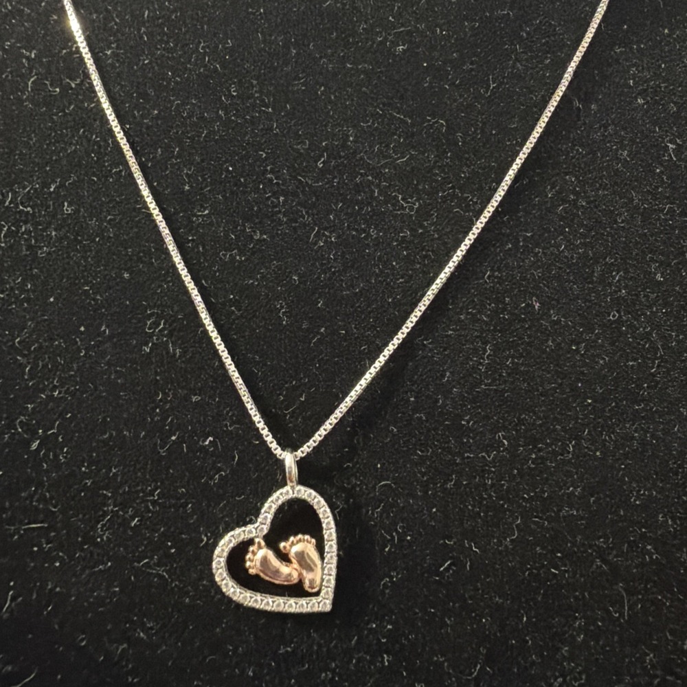 925 Sterling Silver & CZ Heart Designer Rose Gold Plated Baby Feet Necklace
